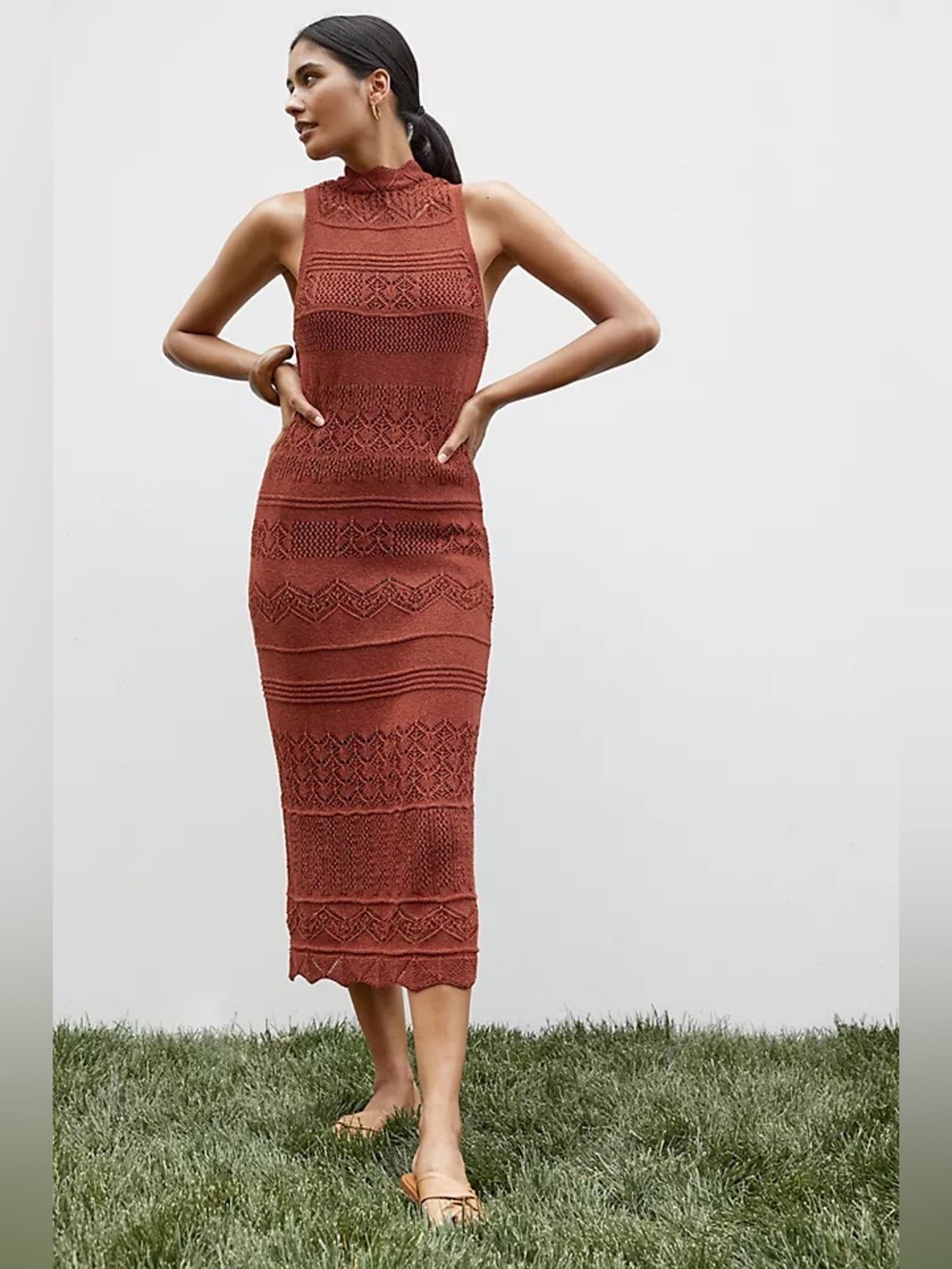 Anthropologie Rust Crochet Mock Neck Sleeveless Midi Dress Sz XL Autumn